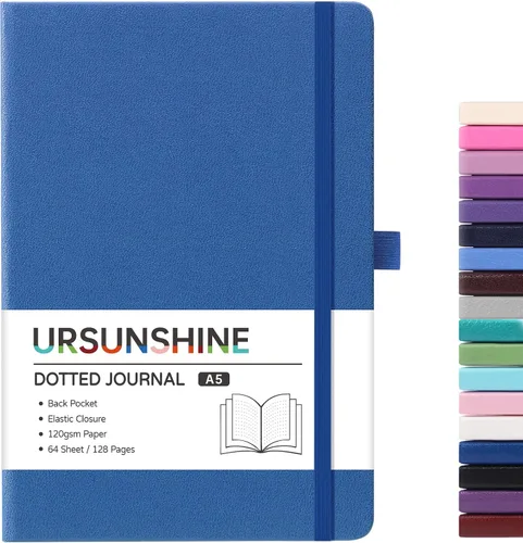 Miniatura 35 de Cuaderno punteado, diario, 5.3 x 8.26 pulgadas, tapa dura, prémium, papel grueso, doble espiral, bandas, cuero negro sintético, lazo para bolígrafo