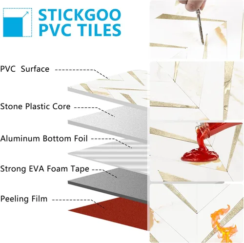 Miniatura 7 de STICKGOO 10 hojas de azulejos en espiga para despegar y pegar, mármol Calacatta mezclado con PVC dorado claro para salpicaderos, azulejos de pared