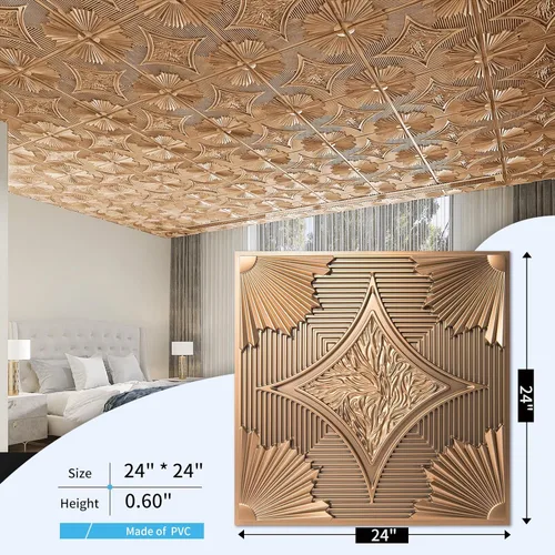 Miniatura 4 de Art3d Azulejos de techo colgantes de 24 x 24 pulgadas en bronce (paquete de 12, 48 pies cuadrados), paneles de revestimiento 3D adhesivos de 2 x 2