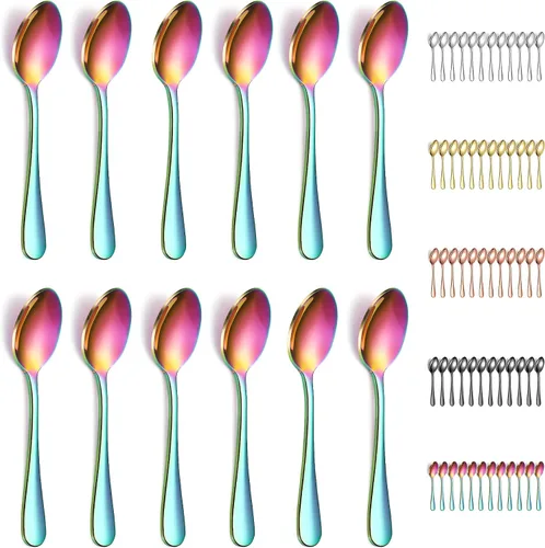 Miniatura 9 de Evanda 12 cucharaditas doradas, acero inoxidable chapado en titanio dorado, cuchara de té de 5.5 in, cubiertos para té, café, pasteles, postres