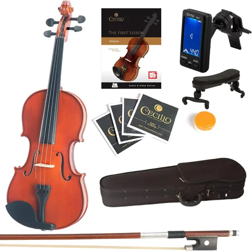 Miniatura 19 de Violín Mendini de madera sólida, libro de lecciones, cuerdas extra, sintonizador violín, arco y estuche, Blanco