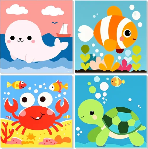 EOBROMD Mrine Life - Paquete de 4 kits de pintura enmarcada por números para niños, kits de bricolaje para niños de 4 a 8 a 12 años, pintura sobre