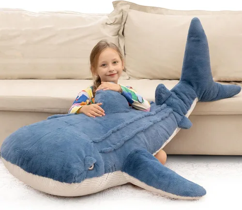 Tezituor Peluche de tiburón ballena gigante de 51 pulgadas, almohada corporal grande de peluche de tiburón ballena azul de 4.3 pies para niñas y