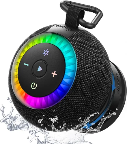 Altavoz de ducha Bluetooth impermeable IPX7: ventosa extraíble con bloqueo de vacío, sonido envolvente de 360°, luces RGB, altavoz inalámbrico Negro