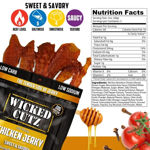 Miniatura 2 de Wicked Cutz Cecina de pollo dulce y salada, 1.06 oz de proteína por bolsa, alternativa tierna y fácil de masticar a los palitos de pollo, aperitivos