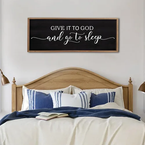 Miniatura 9 de Letrero de decoración de pared con texto en inglés «Give It To God And Go To Sleep», 32 x 12 pulgadas, para dormitorio principal sobre la cama