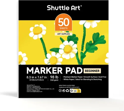 Shuttle Art Almohadilla de Marcadores, Libro de Bocetos Cuadrado Portátil de 8.3”x7.67”, 50 Hojas de Papel para Dibujo con Marcadores, Papel de Arte