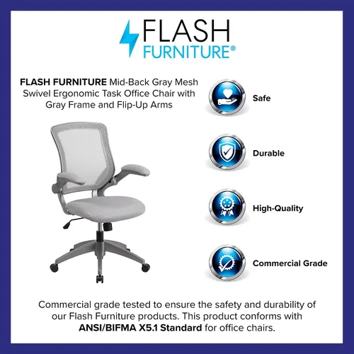 Miniatura 4 de Flash Furniture Kale Silla de oficina ergonómica giratoria de malla gris con marco gris y brazos abatibles