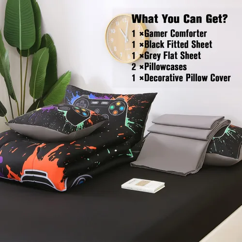 Miniatura 6 de JQinHome - Juego de edredón Gamer individual para niños y niñas, juego de cama en una bolsa de 6 piezas con diseño de videojuego 3D - Juego de ropa