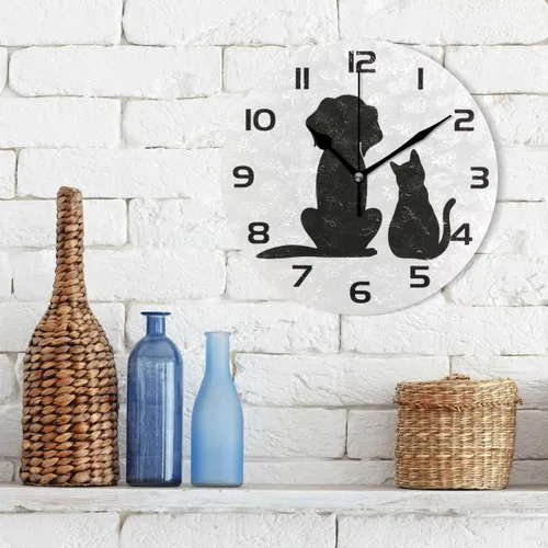 Miniatura 3 de Qilmy Reloj de pared para perros y gatos, silencioso, sin tictac, pintura al óleo, reloj redondo para sala de estar, dormitorio, baño, decoración