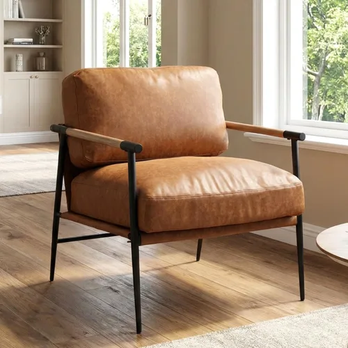 DUOMAY Silla moderna de mediados de siglo, sillón de piel sintética marrón, silla de dormitorio con patas de metal para sala de estar, lectura y
