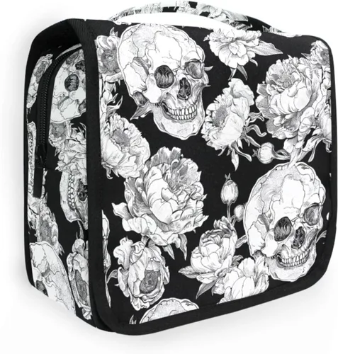 Miniatura 34 de MNSRUU Neceser colgante con diseño de calavera y girasol, bolsa de maquillaje de viaje para artículos de tocador, organizador de artículos