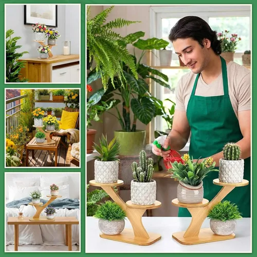 Miniatura 5 de 4 soportes de bambú para plantas de interior de 3 niveles, estante para alféizar de ventana para suculentas, pequeños soportes de flores