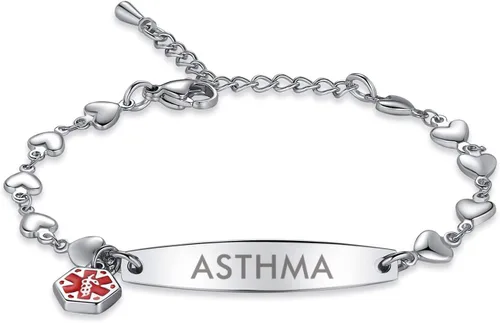 Miniatura 13 de mnmoom Pulseras de alerta médica para mujeres 6.5-8 pulgadas ajustables corazón links pulseras médicas con grabado