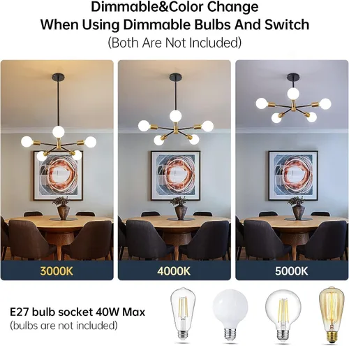 Miniatura 4 de Candelabro Sputnik MOUFIER, lámpara de techo en negro y dorado, altura ajustable, E27, iluminación moderna de techo, lámpara para sala de estar, 5