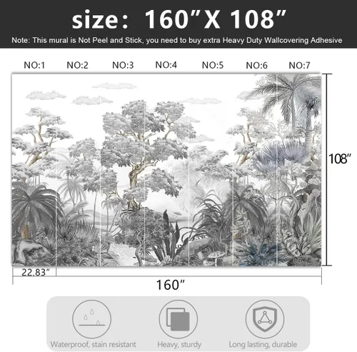 Miniatura 4 de Papel tapiz de tela de bosque tropical con estampado botánico gris, bosque de selva tropical, sala de estar, planta de hoja de palmera, dormitorio