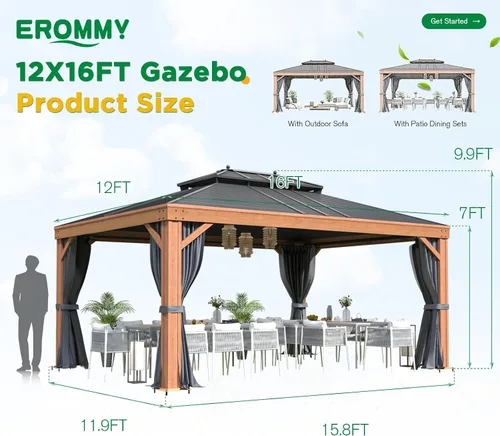 Miniatura 6 de EROMMY Cenador de techo rígido de 10 x 13 pies con toldo de doble techo de acero galvanizado, marco de aluminio, malla y cortinas incluidas