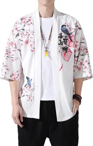 Miniatura 11 de PRIJOUHE Chaqueta Kimono Ligera para Hombre de Manga Tres Cuartos con Frente Abierto Cárdigan Estilo Japonés