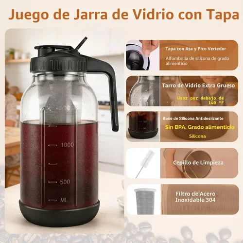 Miniatura 3 de Cafetera de café frío, jarra de frasco Mason con filtro de acero inoxidable, tapa con mango y pico vertedor, vidrio resistente hermético y a prueba