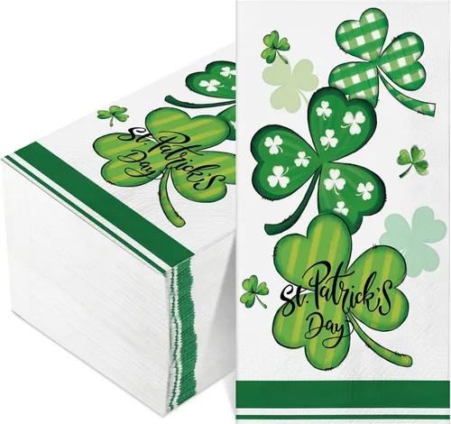Miniatura 8 de Outus 100 servilletas del día de San Patricio, tréboles de bienvenida, toallas de papel para invitados, toallas de mano verdes, tréboles