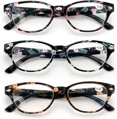 3 pares de lectores florales clásicos para mujer con bisagra de resorte, anteojos de lectura ovalados con aumento - hawaiano