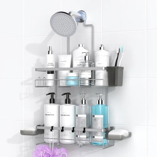 Miniatura 8 de AKTECKE Organizador de baño colgante para ducha: estante a prueba de óxido para ducha interior, sin estantes de perforación sobre el cabezal