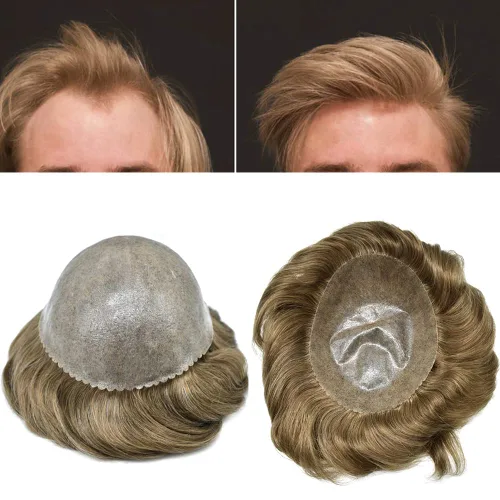 Miniatura 94 de Toupee para hombres Sistema de reemplazo de cabello humano real para hombres Completo PU Mens Hairpiece de aspecto natural para hombre piezas