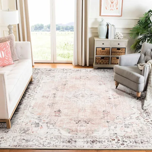 MUJOO Alfombra Rosa 6'x9' Alfombras de Área para Sala de Estar Alfombras Lavables Grandes Alfombra Boho para Dormitorio Comedor Neutral Vintage