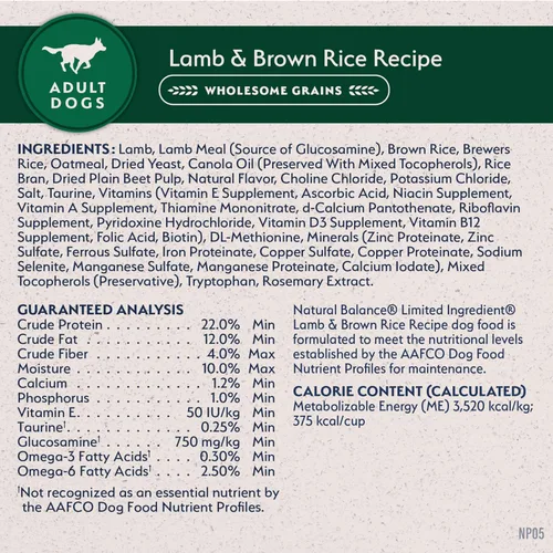 Miniatura 8 de Natural Balance Alimento seco para perros adultos de ingredientes limitados con granos saludables, receta de cordero y arroz integral, 12 libras