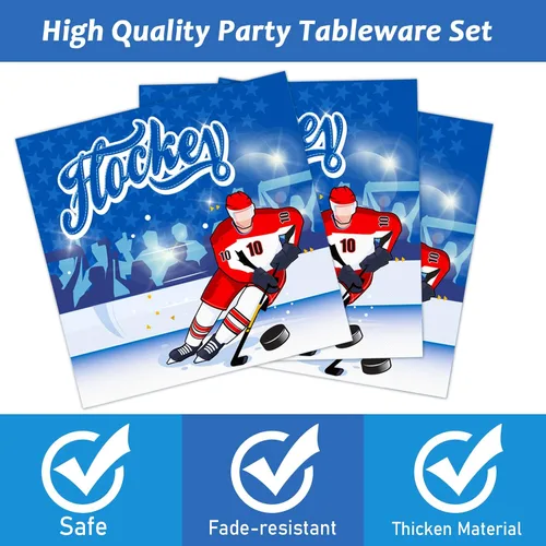 Miniatura 3 de Wiooffen 96 piezas de suministros para fiestas de hockey sobre hielo, platos para fiesta de cumpleaños, juego de servilletas, juego de vajilla