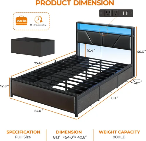 Miniatura 2 de OURPIC Full Size Bed Frame, 2-Tier Storage Headboard & 6 Fabric Drawers, PU Leather Upholstered Platform Bed Frame Full with Charging Station and