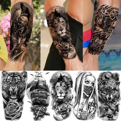 Miniatura 3 de Bilizar 63 hojas de tatuajes tribales temporales de lobo, león, tigre para hombres, mujeres, adultos, aterradores tatuajes temporales de calavera