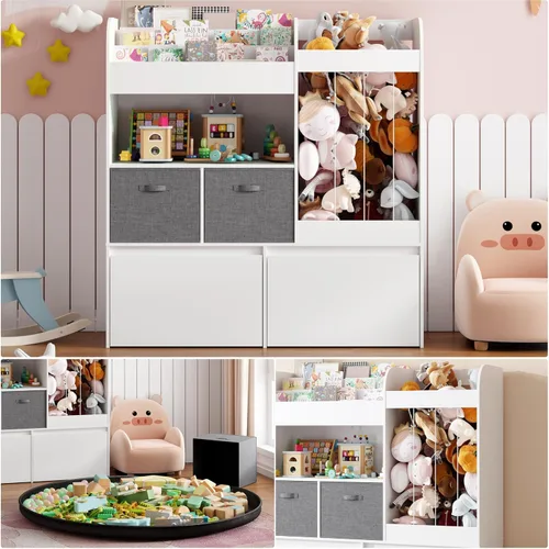 Miniatura 7 de Estantería para niños, almacenamiento de animales de peluche con tapete de juego, organizador de almacenamiento de juguetes de madera con 2 cajones