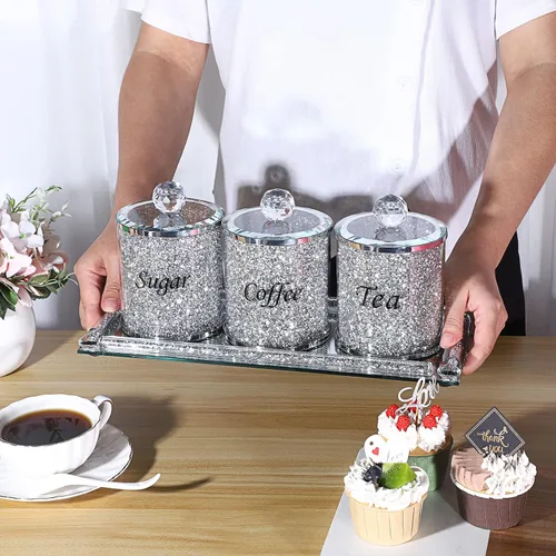 Miniatura 3 de JUXYES Juego de 4 recipientes de cristal chispeante con diamantes triturados para azúcar, café y té, incluye bandeja, lujosos recipientes