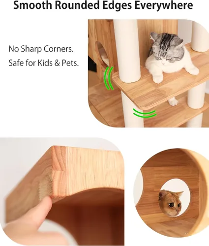 Miniatura 5 de Árbol de madera para gatos grandes, torre moderna para gatos de 62 pulgadas de alto con casita y postes rascadores, fácil de limpiar, de alta