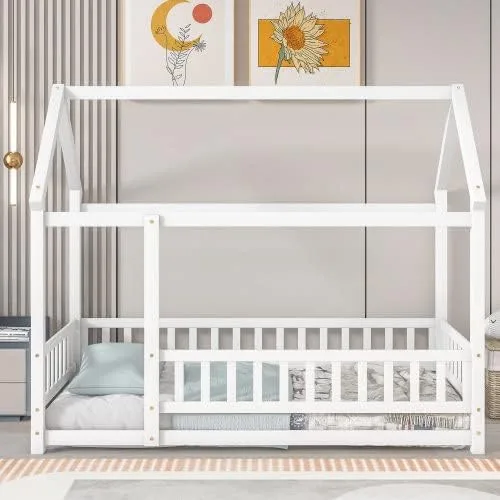 Miniatura 8 de Cama de suelo de tamaño individual con valla para niños pequeños, cama Montessori con techo de casa, marco de cama de piso de madera para niños