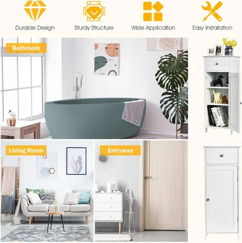 Miniatura 8 de GOFLAME Armario de almacenamiento de baño, armario de almacenamiento de madera independiente con cajón grande, 2 estantes flotantes con 7 Blanco