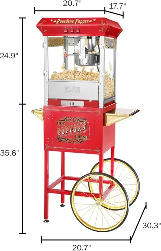 Miniatura 2 de Máquina de palomitas de maíz Pasadena con carrito, hace 3 galones, hervidor de 8 onzas, cajón de viejas sirvientas, bandeja de calentamiento
