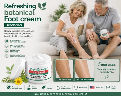 Miniatura 8 de PhysAssist Crema para pies con árbol de té – Crema hidratante profunda para pies y piernas para piel seca, cansada y sensible – Refrescante apoyo