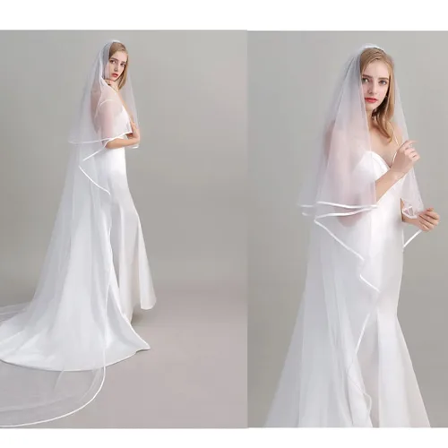 Miniatura 3 de Unsutuo 2 Tiers Bride Wedding Veil Ivory Ribbon Cathedral Veil Bridal Tulle Veil for Women and Girls Ivory