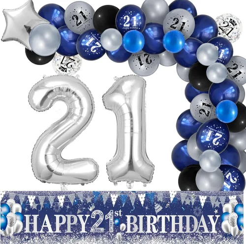 Miniatura 13 de Decoraciones de fiesta de cumpleaños 60, azul marino, plateado, pancarta de feliz cumpleaños 60 con 61 globos de látex, globos de aluminio