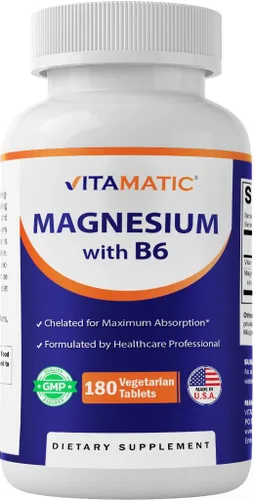 Vitamatic Magnesio con B6 - 180 tabletas vegetarianas (sin recubrimiento) - B6 añadido para máxima absorción - Apoya la salud muscular, articular y