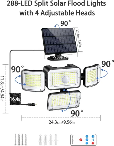 Miniatura 4 de CLAONER Luces solares para exteriores, sensor de movimiento, 3500 lm, 288 luces LED de seguridad con control remoto, IP67, impermeable, 4 cabezales