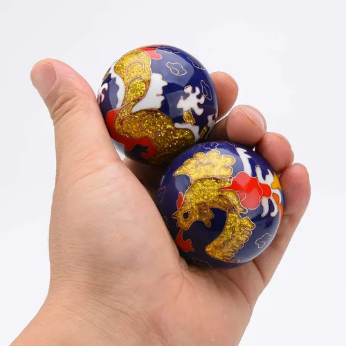 Miniatura 3 de BRABUD Bolas de Baoding de 1.97 pulgadas para ejercicio de mano, bolas de estrés con campanillas, patrón de dragón y fénix, bolas azules con caja