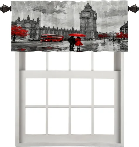 Miniatura 112 de Cortinas opacas de cocina con pintura al óleo de Europa rosa y negra para ventanas, cenefas opacas modernas de torre Eiffel de poliéster multicapa