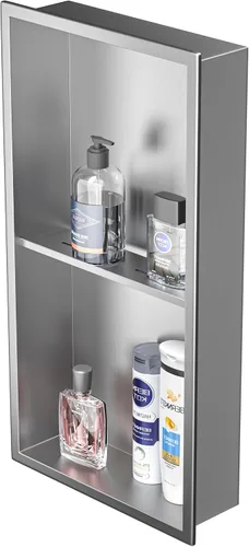 Miniatura 19 de Nicho de ducha de acero inoxidable de 24 x 12 pulgadas, cepillado, no necesita azulejos, nicho de pared con estantes dobles, estante de ducha