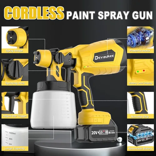 Miniatura 2 de Pulverizador de pintura inalámbrico de 4.0Ah con batería y cargador, pistola de pintura eléctrica de 800 W con 5 boquillas y 3 patrones