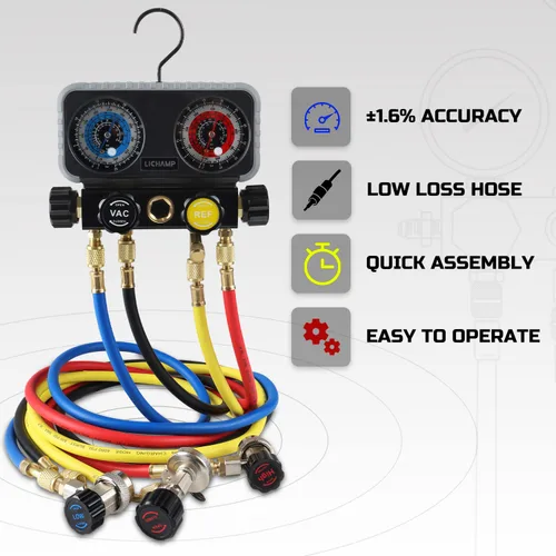 Miniatura 3 de Lichamp Set de Medidores de Colector HVAC R410A AC R134A, Freón R22 R32 410A 134A Medidor de Colector Diagnóstico de 4 Vías con Kit de Manguera Kit