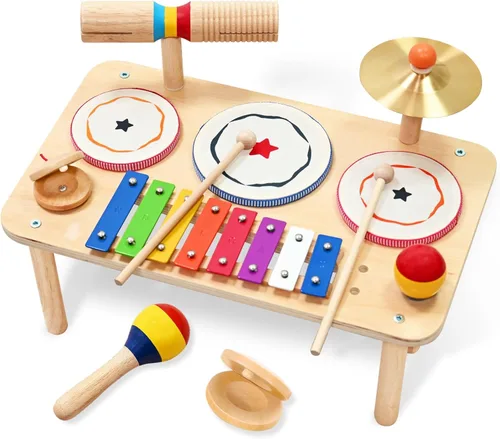 WINGYZ Juego de batería para bebé, instrumentos musicales de madera 9 en 1 para niños pequeños de 1 a 3 años, juguetes de música Montessori con