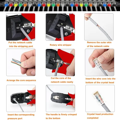 Miniatura 2 de TAIWAIN Juego de herramientas de crimpado de red RJ45 CAT5 CAT6, cortador de crimpado de pelacables de paso para cable LAN, kit de conector de Rojo